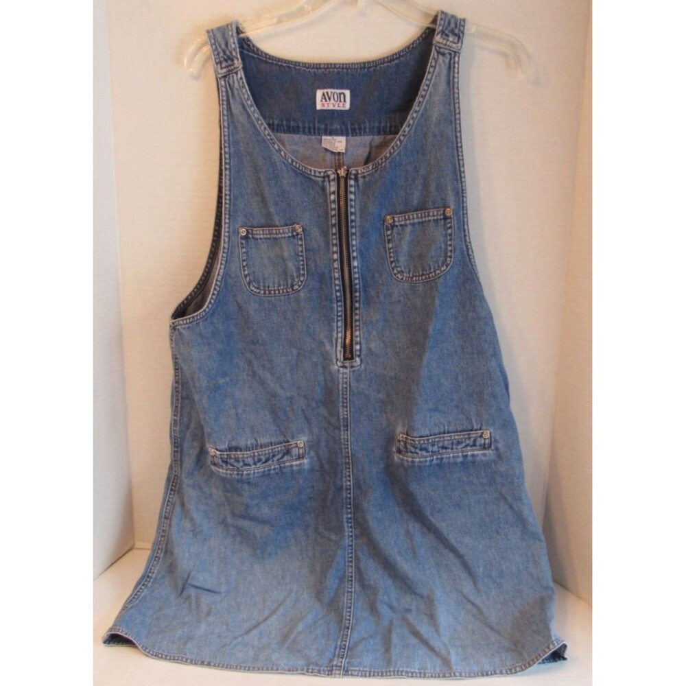 Vintage Avon Medium Wash Denim Zip Front Sleeveless Romper/Jumper Dress Size L